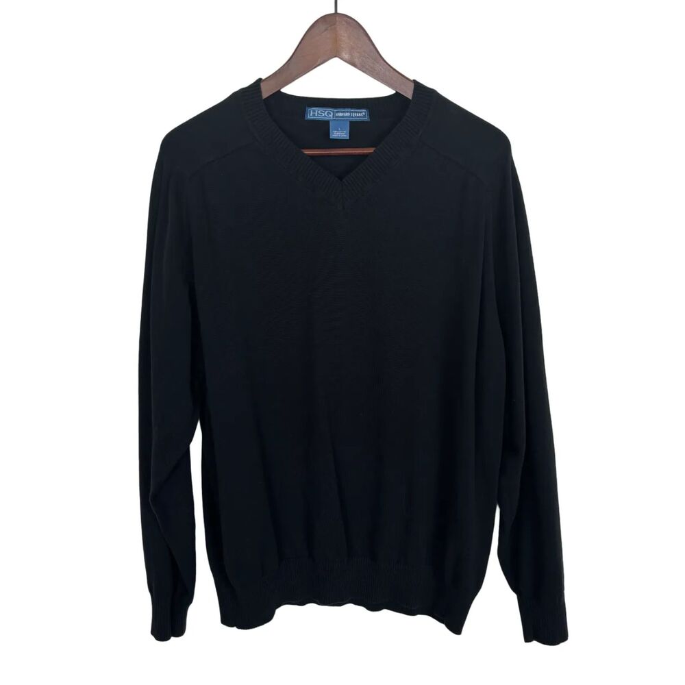 HSQ Harvard Square Black Knit V-Neck Long Sleeve Cotton Sweater Men's Large